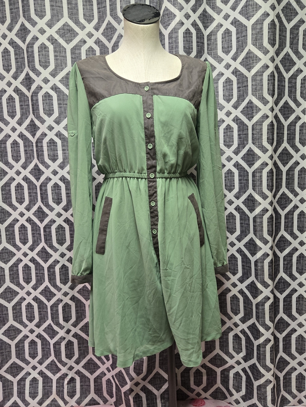 Ya Los Angeles Green Long-Sleeve Button Front Dress with Gray Trim